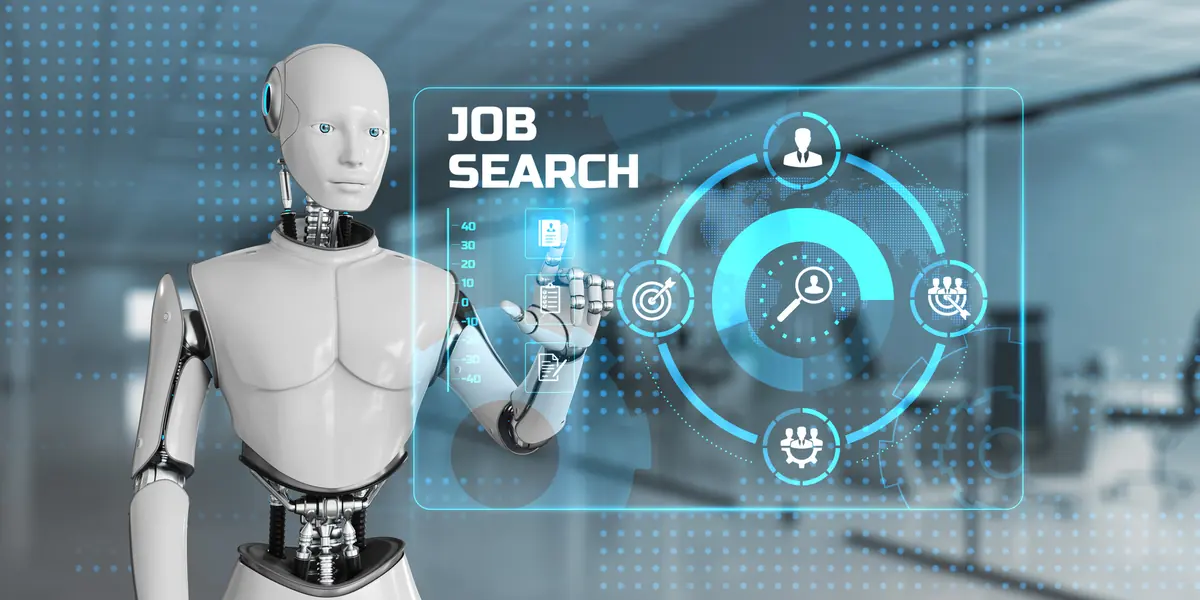 Robot humanoïde consultant une interface « Job Search », illustrant l'automatisation de l'outreach par l'IA
